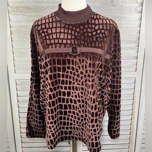 ADOLFO (Sport) Vintage 80's Velour Mock Neck Long Sleeve Top Brown-Medium